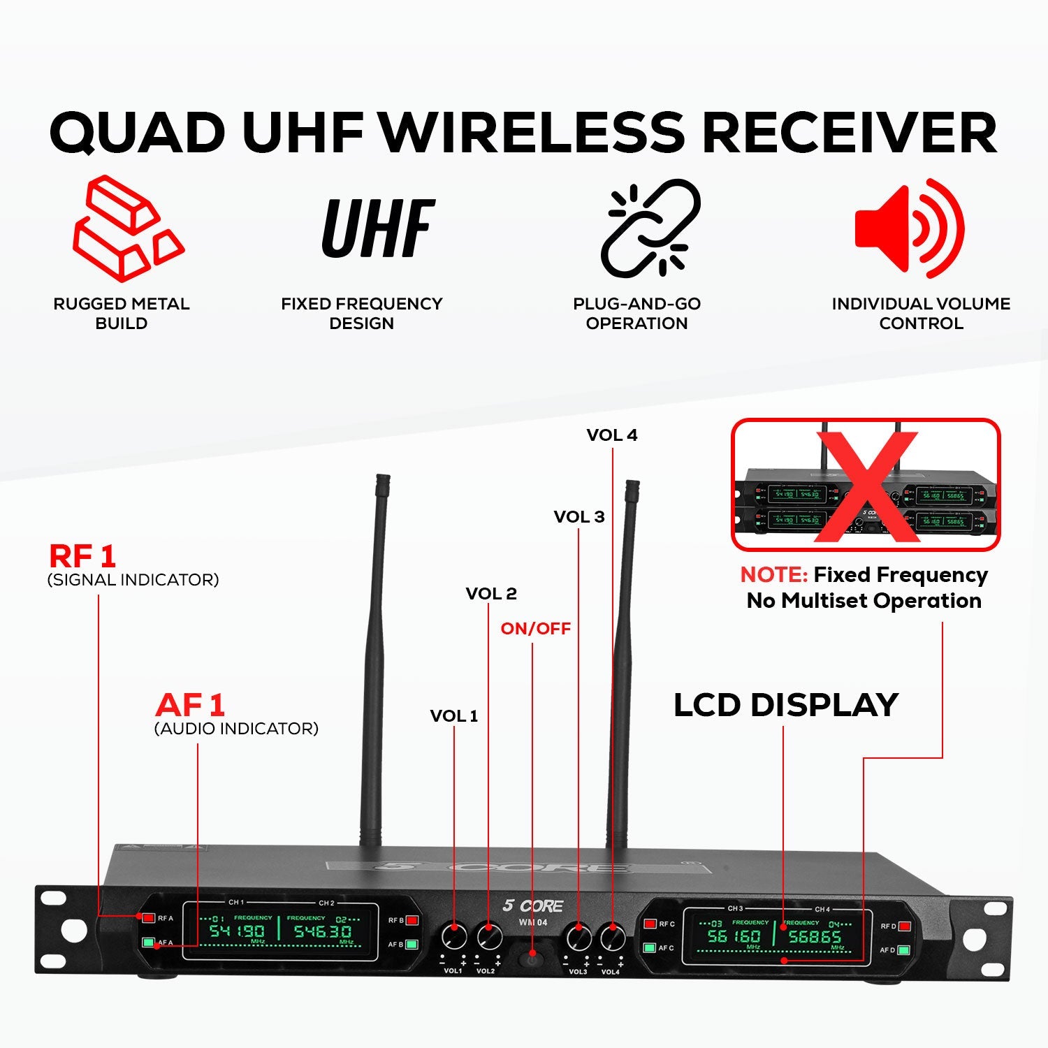 5 Core Wireless Microphone System 4 Channel UHF 492F Range Portable Receiver w Cordless Mic-1