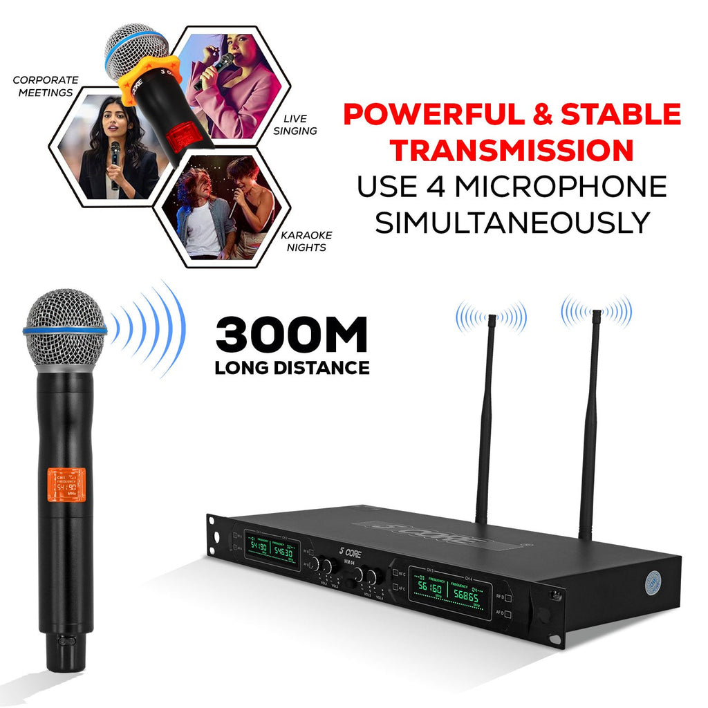 5 Core Wireless Microphone System 4 Channel UHF 492F Range Portable Receiver w Cordless Mic-3